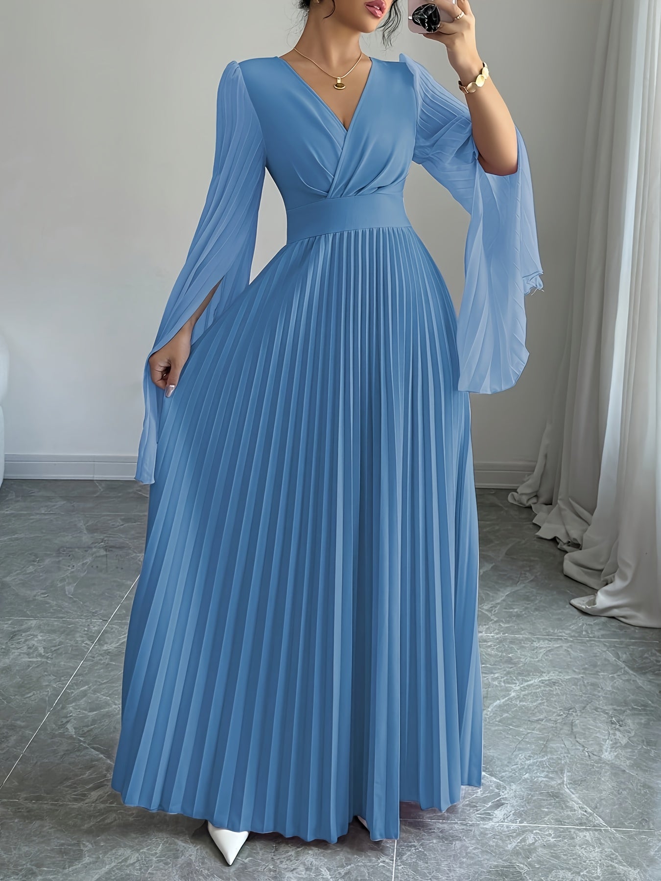 Elegant V-Neck Ruffle Sleeve Maxi Dress - Deep Red, Long Flowing Gown with Puffy Sleeves, Perfect for Parties & Formal Events, Formal Attire|Ruffle Detail|Vneckline